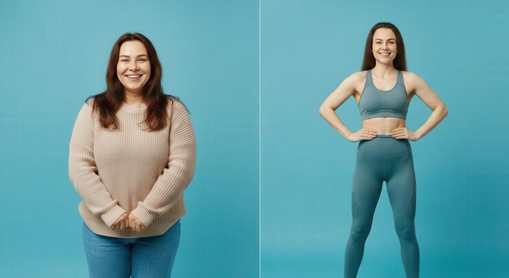 Foto a jornada de transformação de uma jovem mulher caucasiana tema de fitness e bem-estar para motivação e