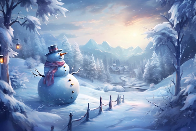 A jornada de um boneco de neve através de um fundo claro de paisagem de inverno