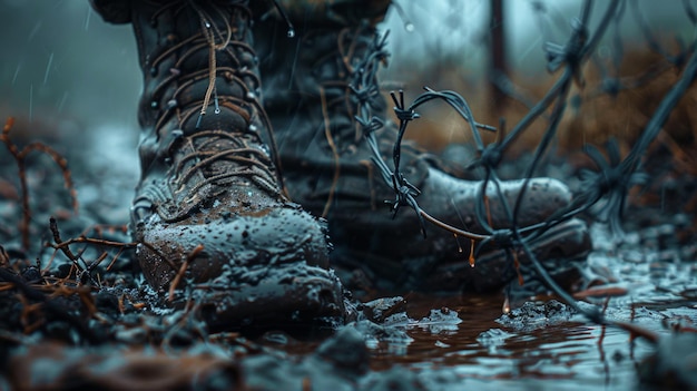 A jornada do soldado marcada por botas lamacentas e arame farpado refletindo a resistência através da adversidade