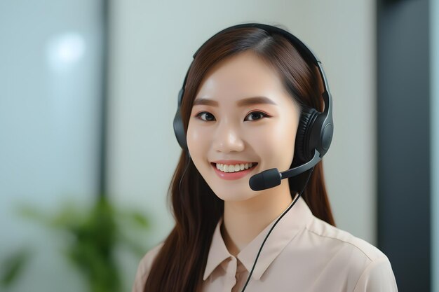 Foto a jovem asiática do atendimento ao cliente falou e sorriu.