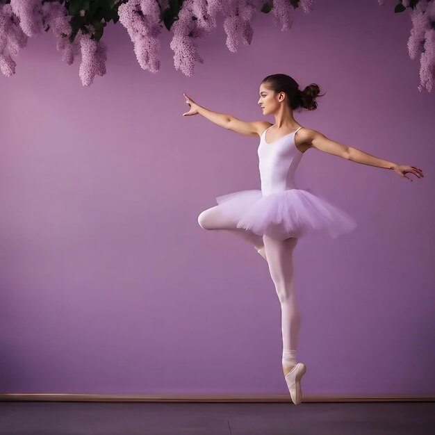 Foto a jovem dançarina de ballet a saltar numa parede de lila gerada por ai