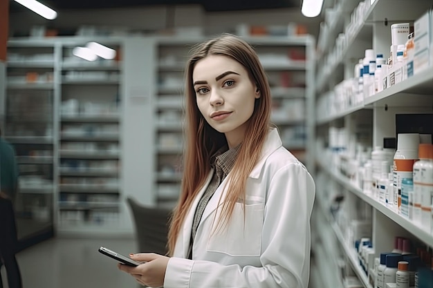 A jovem e atraente farmacêutica fica em meio a fileiras de prateleiras abastecidas com remédios na farmácia Generative AI