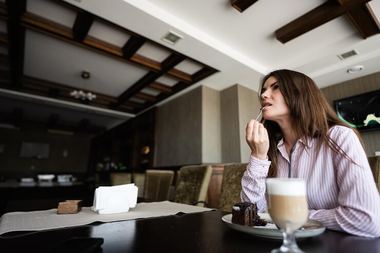 Foto a jovem e bela mulher morena senta-se no café restaurante dentro de casa