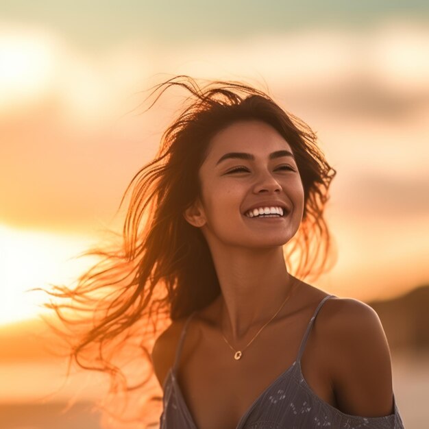 A jovem e bonita feliz está sorrindo na praia