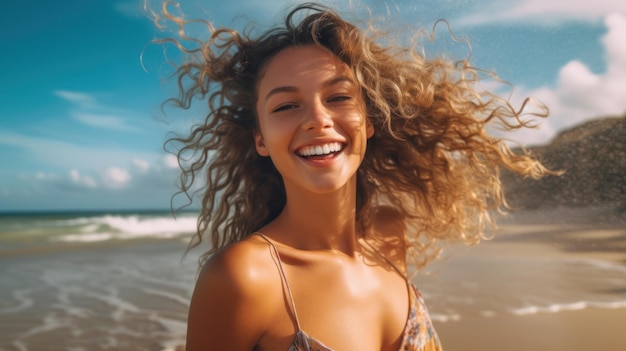 A jovem e bonita feliz está sorrindo na praia