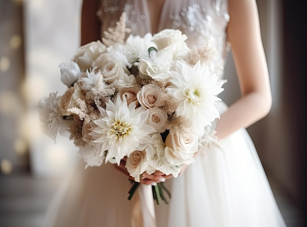 A jovem em um vestido de noiva branco segura em suas mãos um buquê de flores e vegetação com uma fita