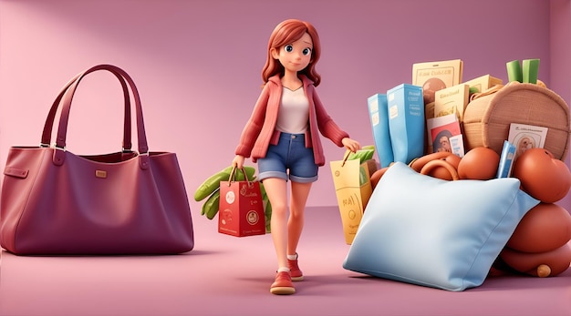 A jovem feliz fez muitas compras garota cercada por sacolas grandes e comprou ilustração de mercadorias 3d cartoon geração AI