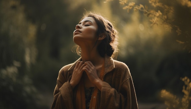 A jovem gosta da beleza da natureza meditando pacificamente gerada pela IA