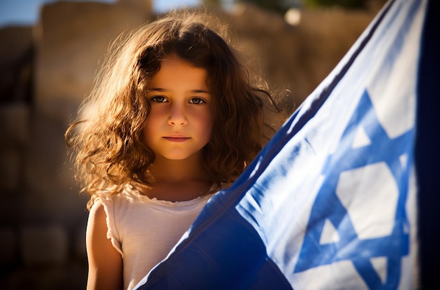 A jovem judia segura a bandeira israelense