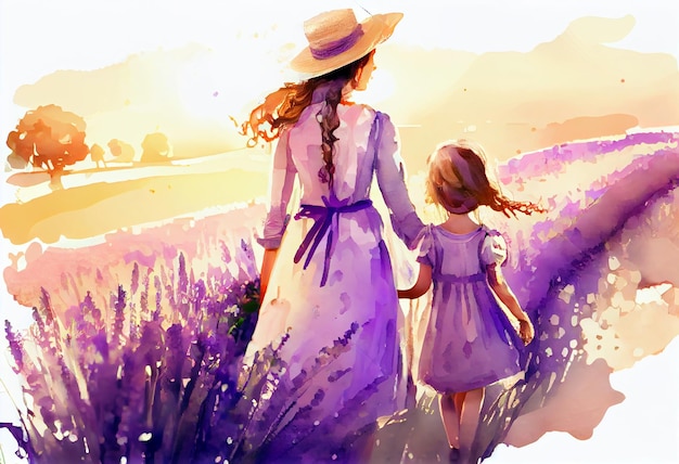 A jovem mãe e a filha se divertem no campo de lavanda roxo Estilo aquarela Generative ai