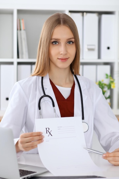 A jovem médica preenche o formulário médico e aponta para a área de cópia de prescrição médica enquanto olha para a câmera