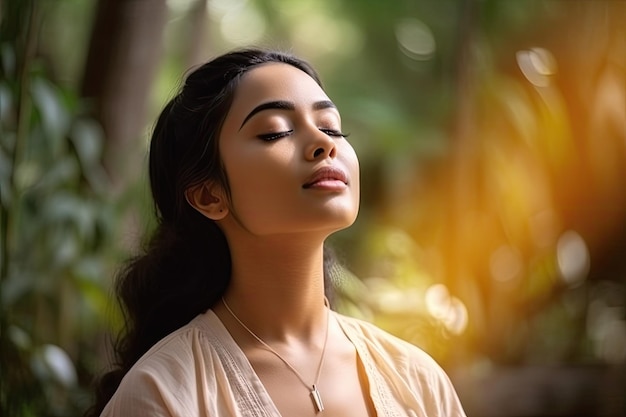 Foto a jovem mulher bonita está relaxando e fechando os olhos fazendo meditação