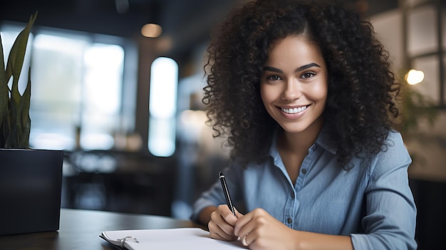 A jovem sorridente faz anotações em seu notebookCriado com tecnologia Generative AI