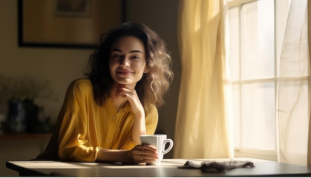 Foto a jovem zhenzina senta-se à mesa e descansa em uma manhã quente de inverno