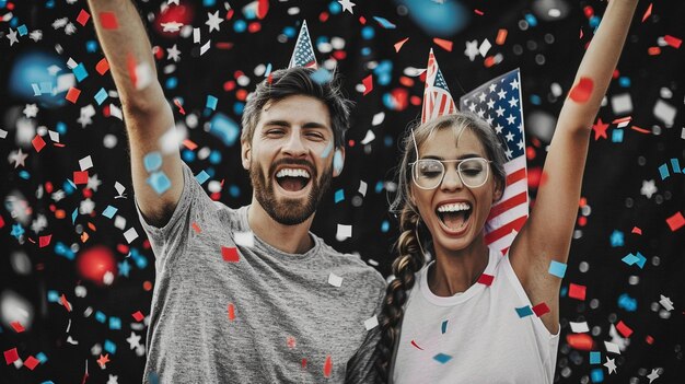 Foto a jubilant couple with usa flag wallpaper