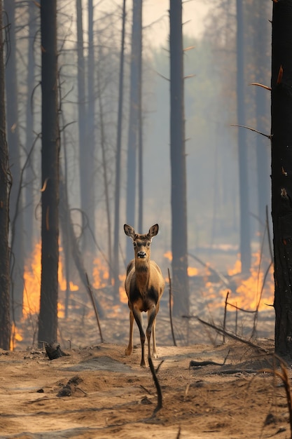 Foto a justaposição de beleza e destruição é capturada na imagem de um cervo no meio do inferno