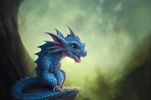 A Kawaii Baby Dragon Cute Animação de renderização 3D brilhante e colorida Adorável bebê dragão com olhos grandes e escalas realistas em seu habitat natural pintura de ilustração de estilo de arte digital