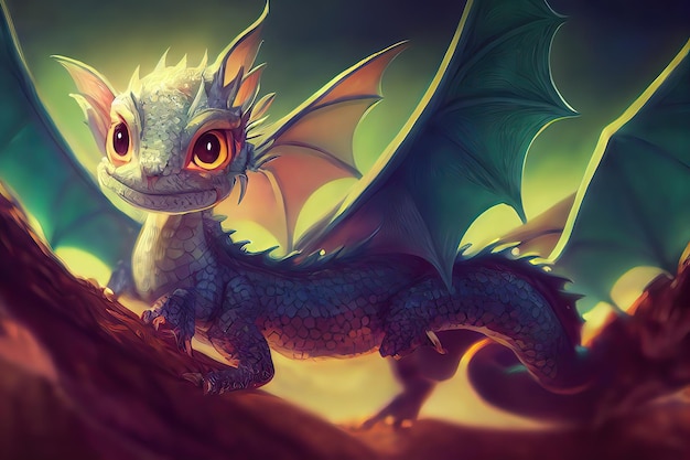 A Kawaii Baby Dragon Cute Helle und farbenfrohe 3D-Renderanimation Entzückendes Drachenbaby mit großen Augen und realistischen Schuppen in seinem natürlichen Lebensraum digitale Kunststil-Illustrationsmalerei