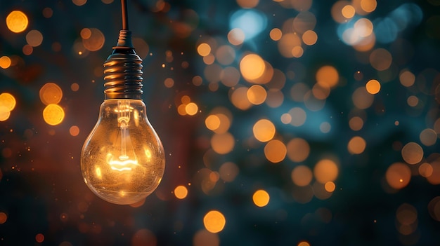 A lâmpada brilhante em fundo desfocado captura o conceito de inspiração e inovação ideal para projetos criativos e temas de energia.