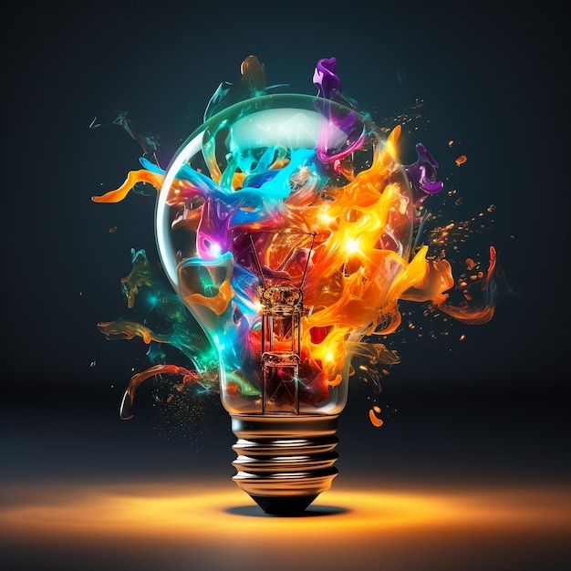 A lâmpada criativa explode com tinta colorida