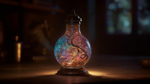 A lâmpada do desejo mágico revela um gênio emergindo da garrafa encantadora