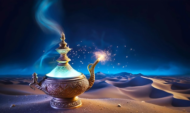 Foto a lâmpada misteriosa de aladdin com fumaça brilhante no momento da aparição do gênio generative ai ilustração