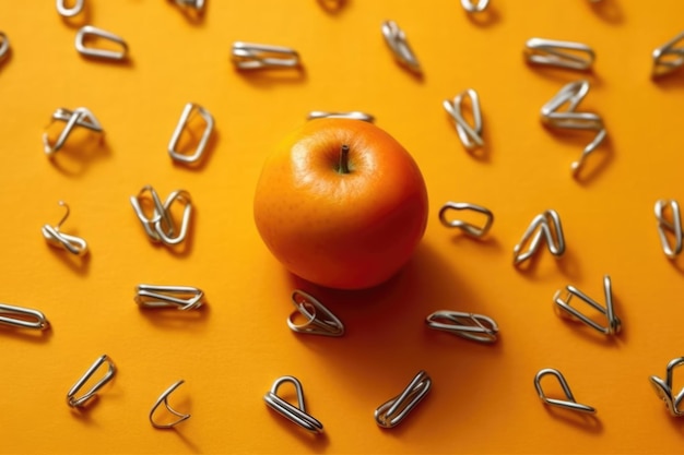 A laranja solitária em um mar de ganchos de metal