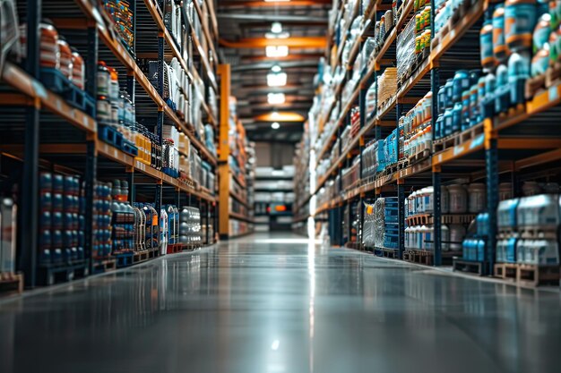 Foto a large warehouse with many shelves of products no people generative ai