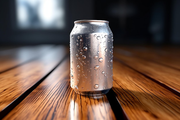 A lata de refrigerante beijada por condensação brilha na superfície de uma mesa de madeira rústica