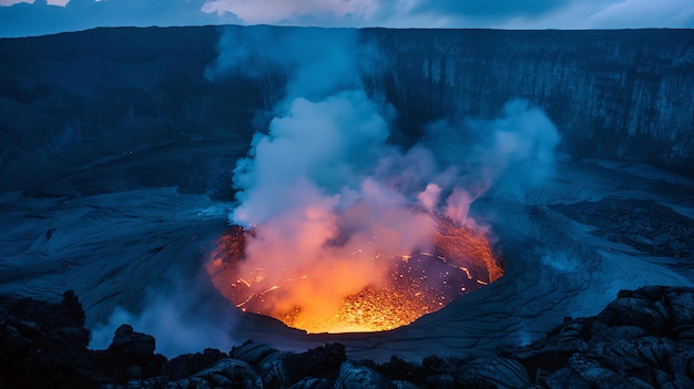 A lava derretida brilha e faz bolhas numa cratera vulcânica