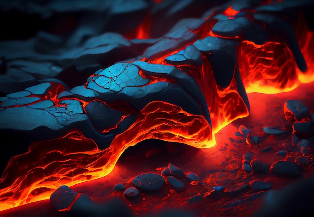 A lava quente flui na erupção de pedras Red Magma