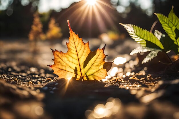 Foto a leaf that is on a ground with the sun shining through it