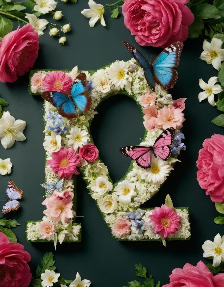 Foto a letra s é feita de flores e borboletas.