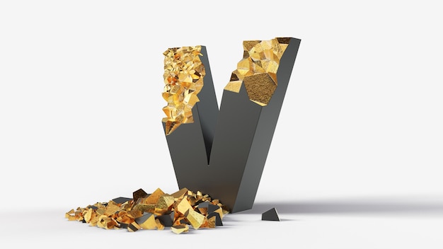 A letra V preta danificada revela ouro no interior. Ilustração 3D, adequada para temas de datilografia, letras e alfabeto.
