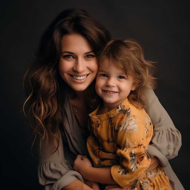 Foto a linda filha e mãe posando em um estúdio para retratos de família