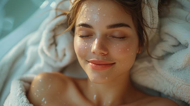 A linda morena está relaxando na cama de massagem com os olhos fechados durante um procedimento de tratamento de spa O tratamento de spa é para cuidados com a pele e bem-estar Cuidados com a pele de beleza e relaxamento são o