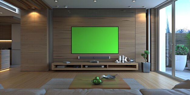 Foto a living room with a prominent green screen on the tv mounted on the wall