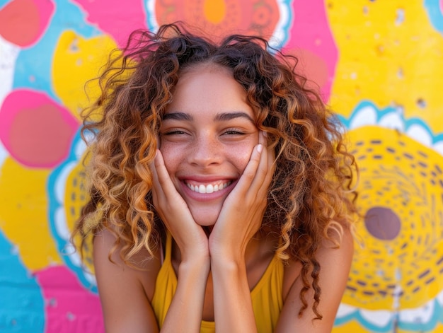 A loira sorriu para a câmera com um fundo colorido