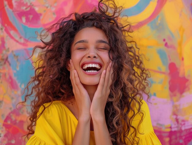 Foto a loira sorriu para a câmera com um fundo colorido