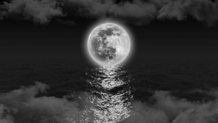 Foto a lua branca e brilhante toca o horizonte na beira do oceano, projetando a luz da lua sobre ela, ilustração 3d