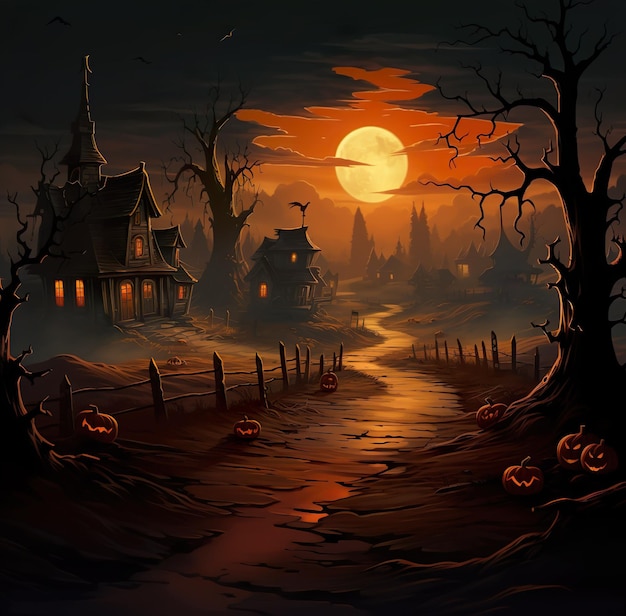 A lua cheia assombrada do castelo do fundo de Halloween na noite de Halloween Ai gerou
