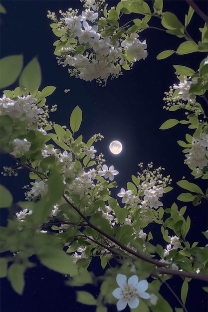 A lua cheia é vista através dos ramos de uma árvore generativa ai