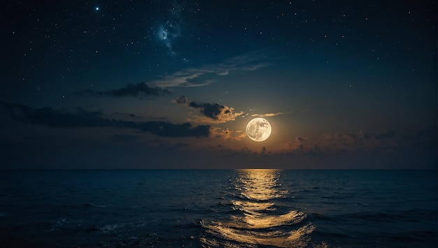 A lua cheia nasce sobre o oceano escuro Uma lua cheia brilhante brilha sobre o océano