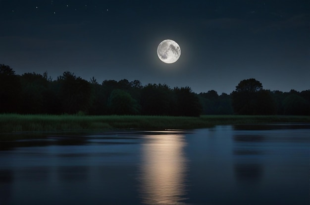 A lua cheia refletida num rio calmo