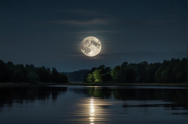 A lua cheia refletida num rio calmo