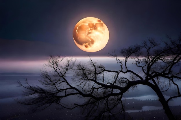 A lua enquanto espreita através dos galhos de uma árvore