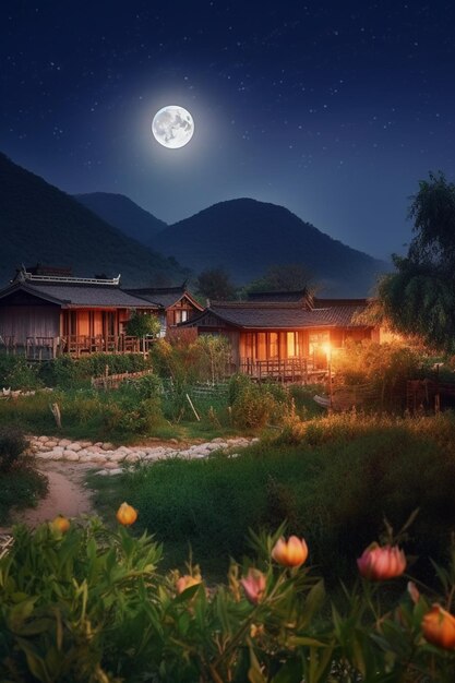 A lua está brilhando sobre uma aldeia à noite.
