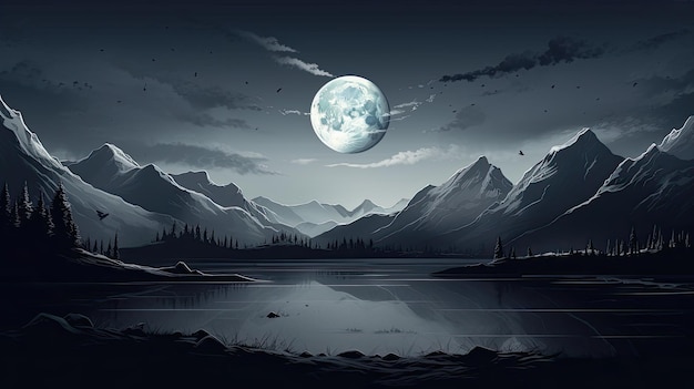 A lua nasce sobre as montanhas rochosas com uma bela iluminação