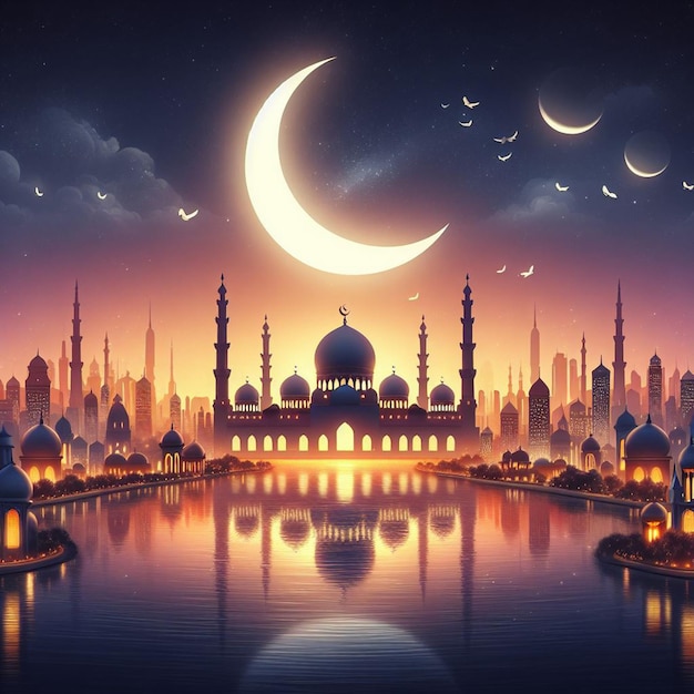 A lua nascendo sobre o horizonte de uma cidade pacífica sinalizando o início do Ramadã