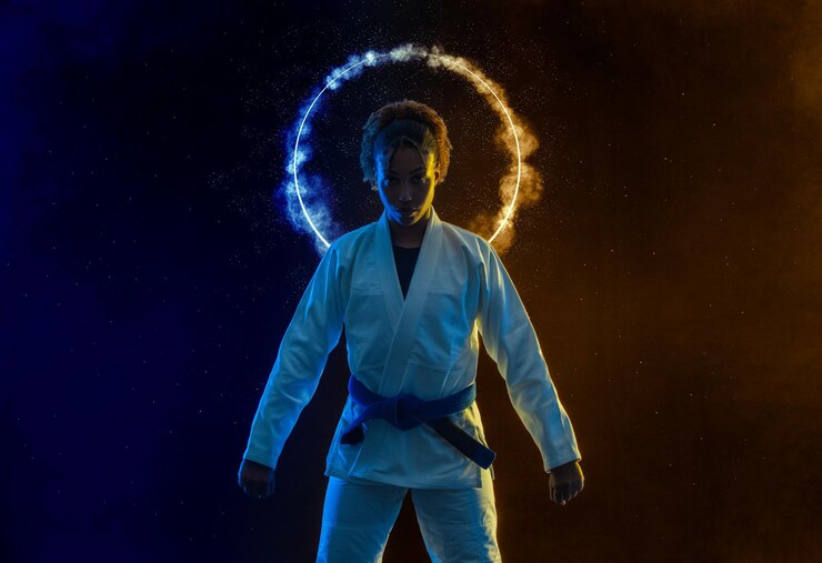 Foto a lutadora brasileira de jujutsu está pronta para a competição de luta livre de jiu jitsu, jujutsu esportivo brasileiro, artes marciais mistas.